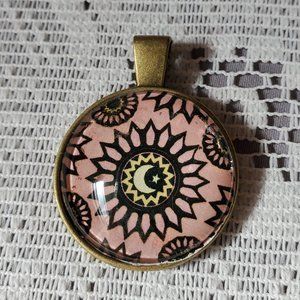 Pink Flower & Moon Cabochon Pendant - Handmade